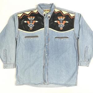 Vintage Shooter Western Denim Shirt Men’s M Pearl Snap Aztec Embroidery Leather